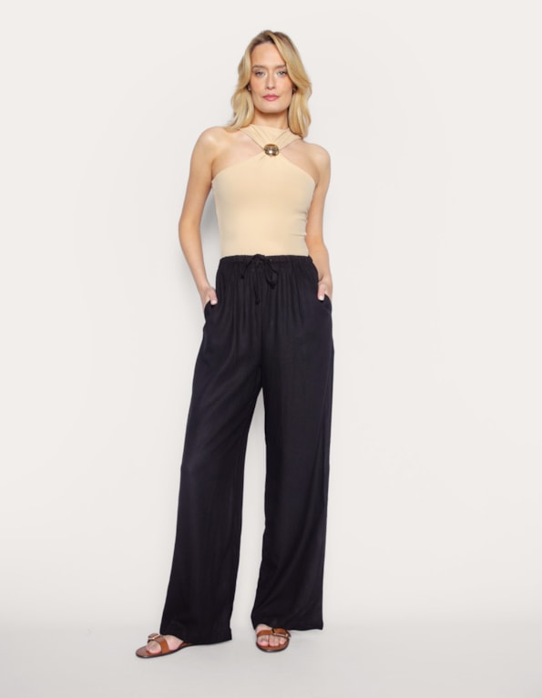 Calça pantalona de amarrar linho blend Preto
