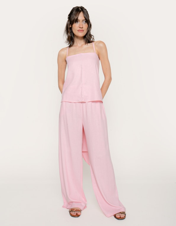 Calça pantalona de amarrar linho blend Rosa claro