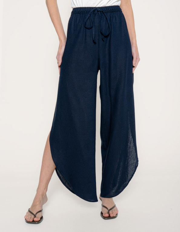 Calça pantalona fenda linho blend Azul escuro