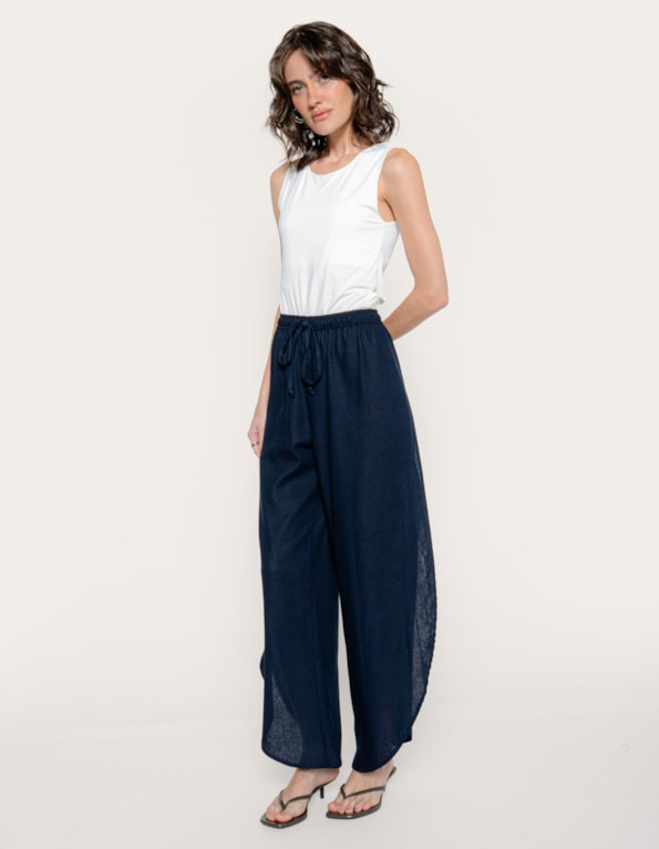 Calça pantalona fenda linho blend Azul escuro