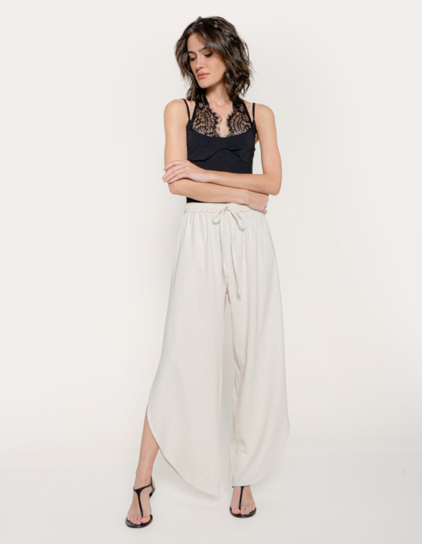 Calça pantalona fenda linho blend Bege claro