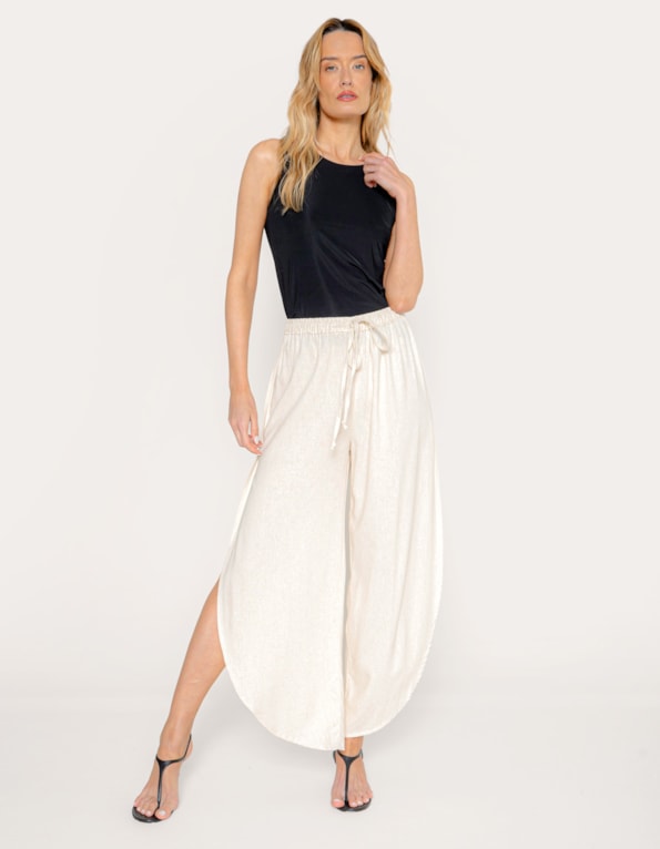 Calça pantalona fenda linho blend Bege claro