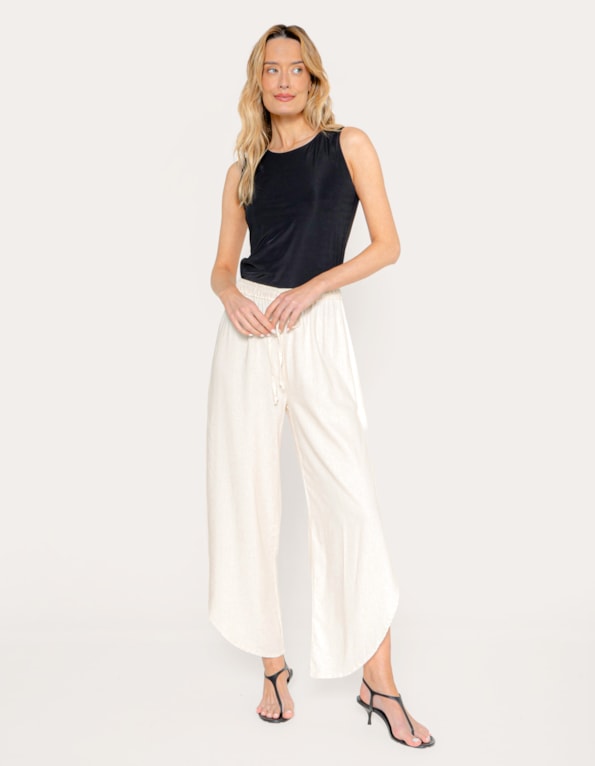 Calça pantalona fenda linho blend Bege claro