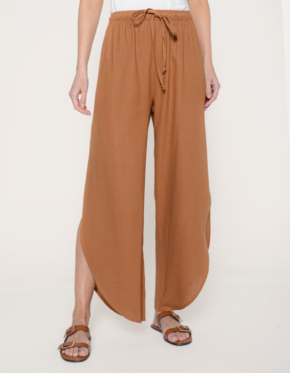 Calça pantalona fenda linho blend Marrom