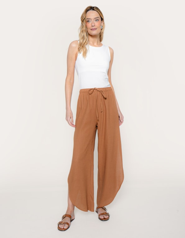 Calça pantalona fenda linho blend Marrom