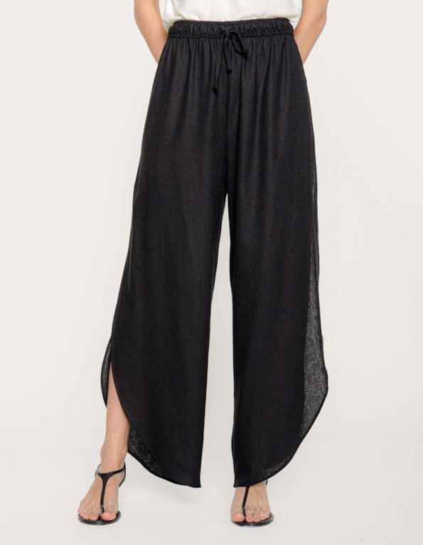 Calça pantalona fenda linho blend Preto