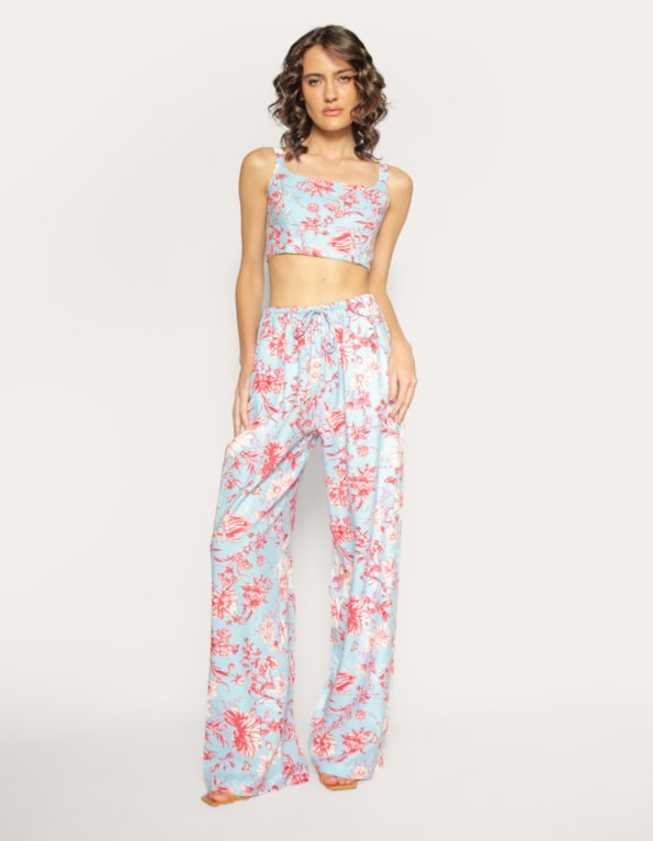 Calça pantalona linho blend estampada Azul claro/rosa escuro