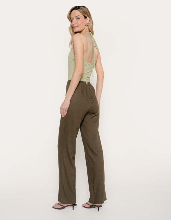 Calça pantalona linho blend Oliva escuro