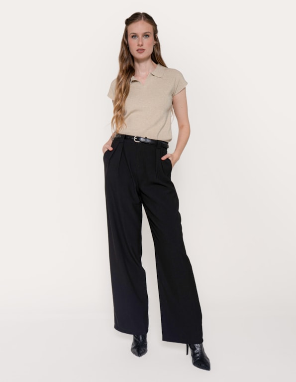 Calça pantalona pregas com cinto Preto