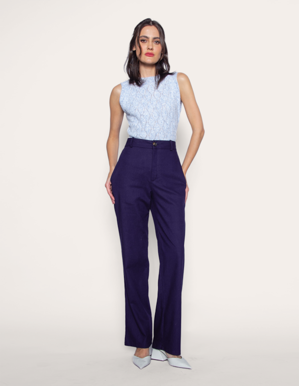 Calca reta alfaiataria linho blend Azul escuro