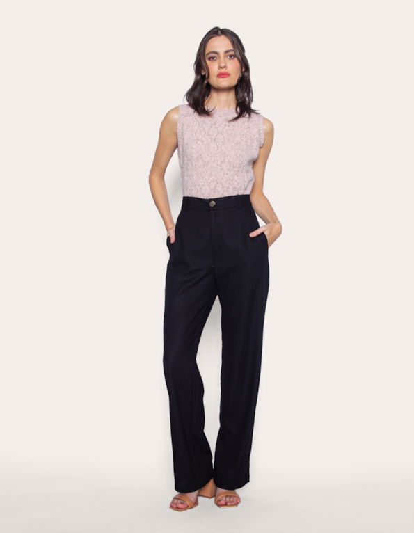 Calca reta alfaiataria linho blend Preto