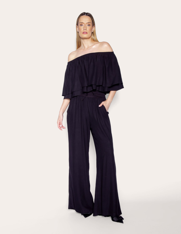 calça wide leg com elástico preto