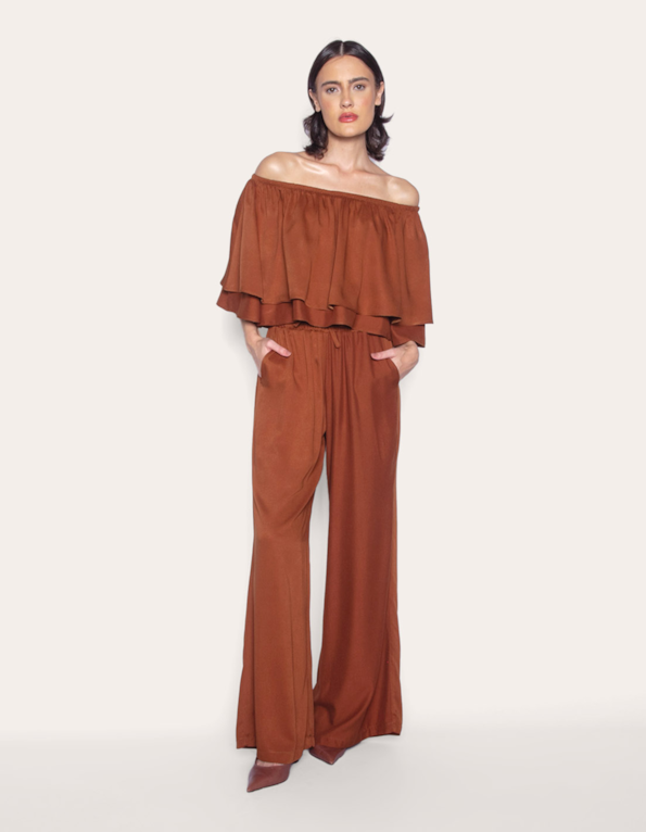 calça wide leg com elástico telha