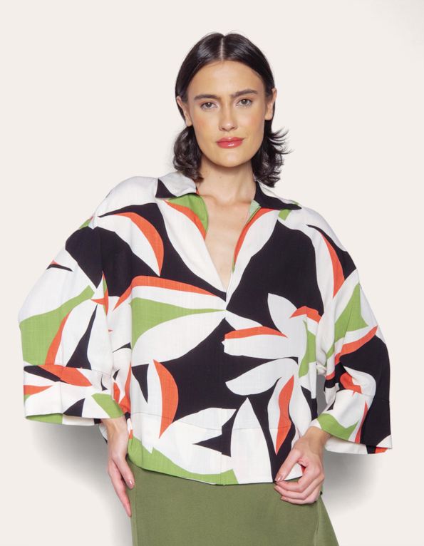 Camisa ampla estampada Folh styl preto