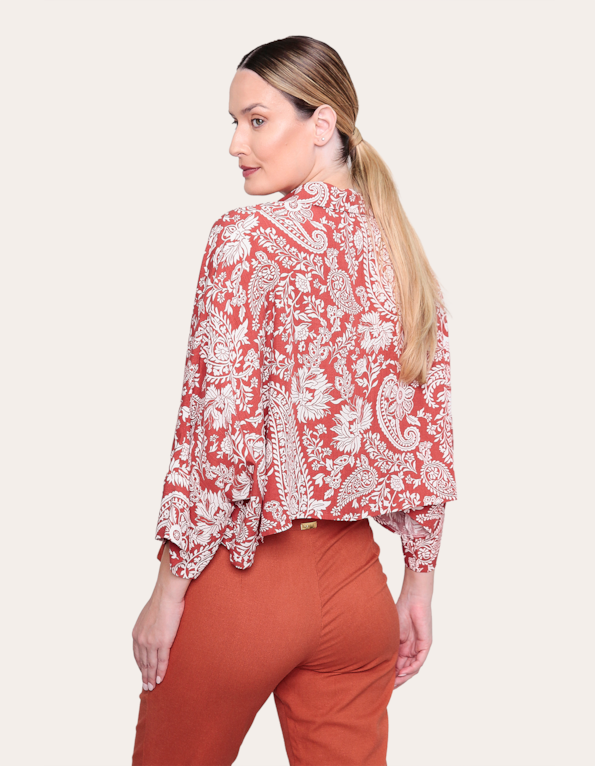 Camisa cropped ampla Floral ocre