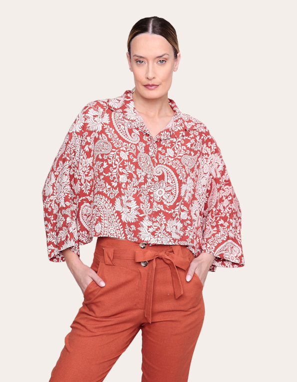 Camisa cropped ampla Floral ocre