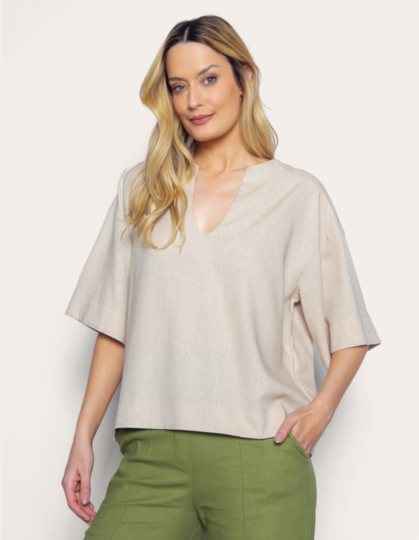 Camisa cropped linho blend Bege