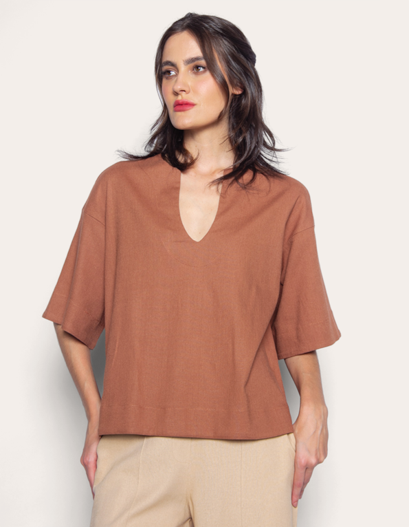 Camisa cropped linho blend Marrom