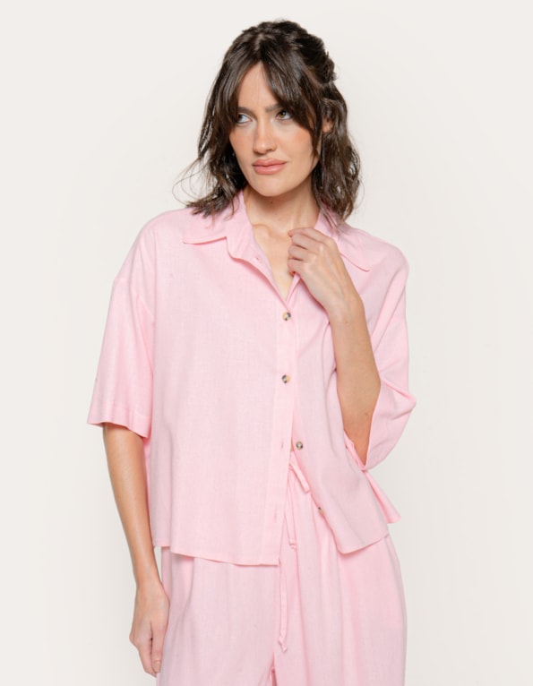 Camisa cropped linho blend Rosa claro
