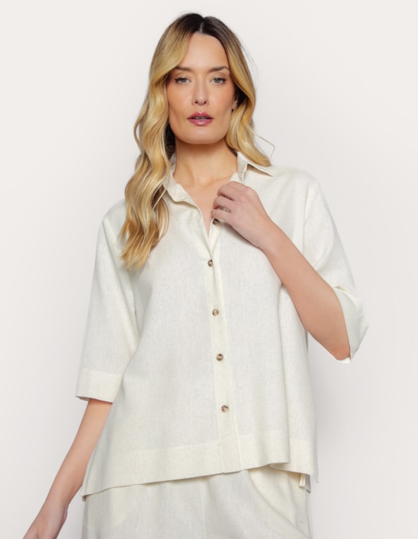 Camisa manga curta ampla linho blend Bege claro