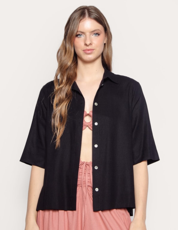 Camisa manga curta ampla linho blend Preto