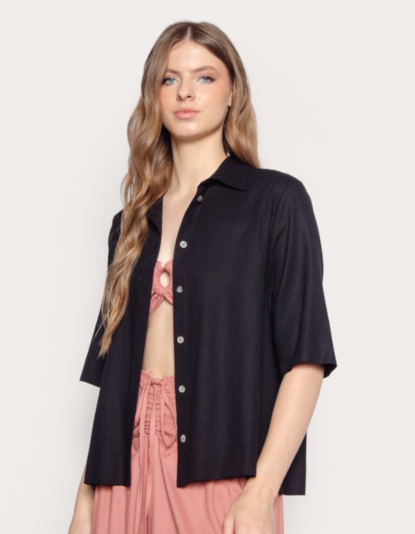 Camisa manga curta ampla linho blend Preto