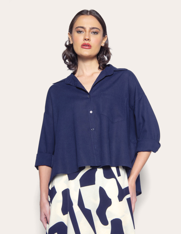 Camisa manga longa ampla linho Marinho
