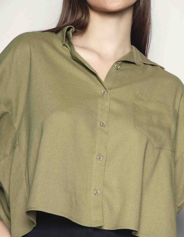 Camisa manga longa ampla linho Oliva claro