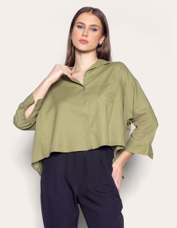 Camisa manga longa ampla linho Oliva claro