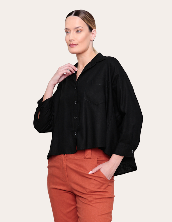 Camisa manga longa ampla linho Preto