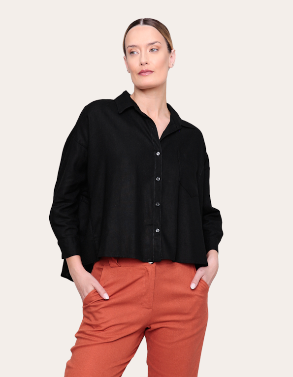 Camisa manga longa ampla linho Preto