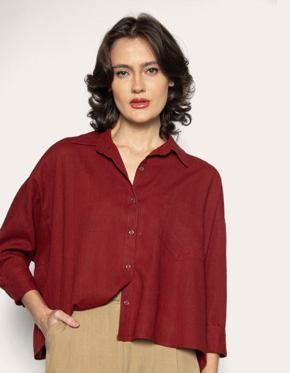 Camisa manga longa ampla linho Vinho