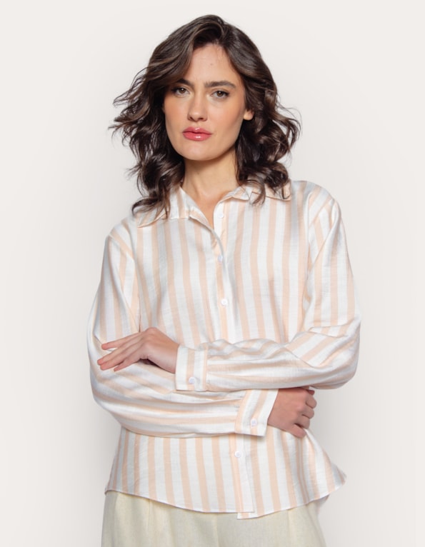 Camisa manga longa listrada Branco/bege claro