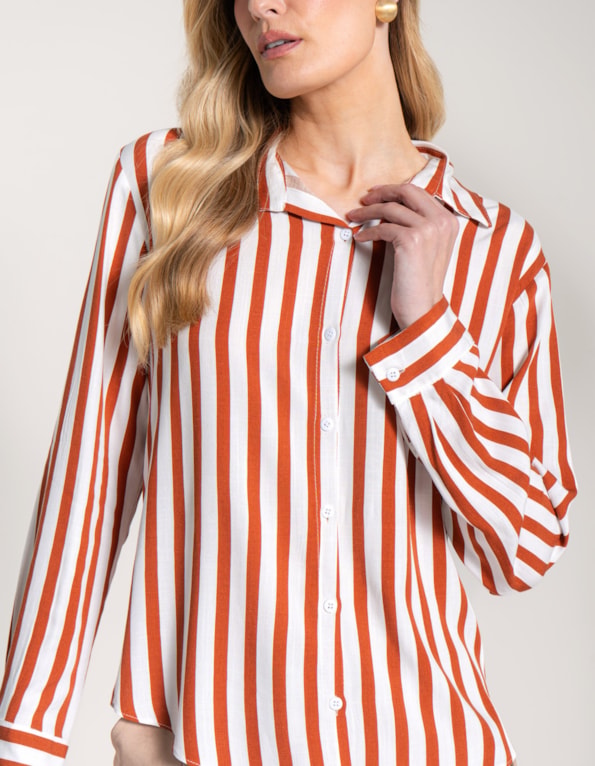 Camisa manga longa listrada Branco/marrom medio