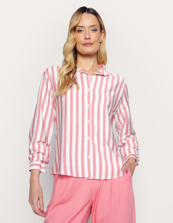 Camisa manga longa listrada Branco/rosa medio