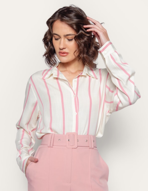 Camisa manga longa listrada Off/rosa claro