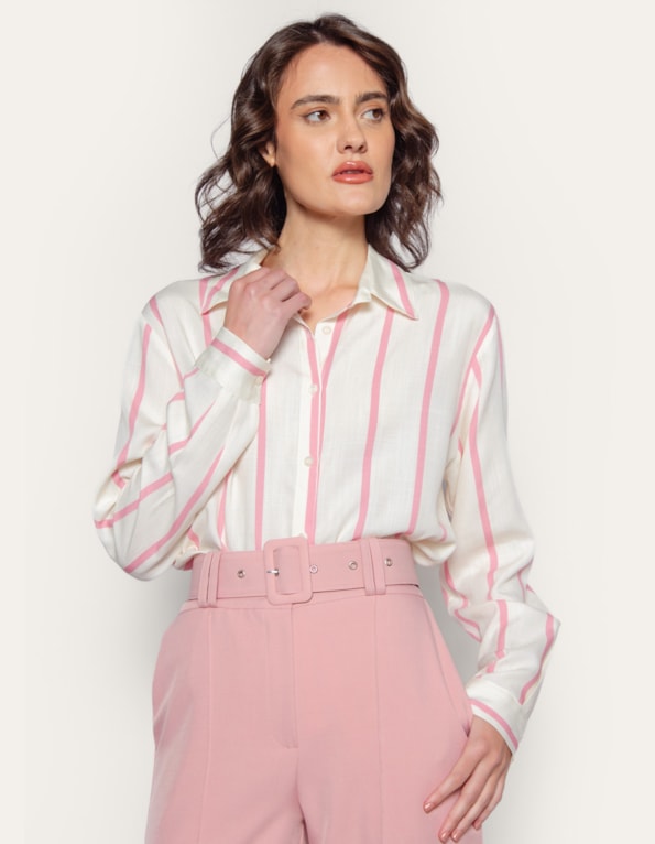 Camisa manga longa listrada Off/rosa claro