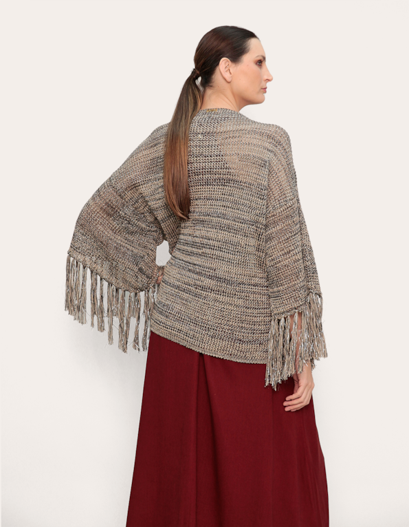 Casaco franja tricot mesclado Cinza/bege
