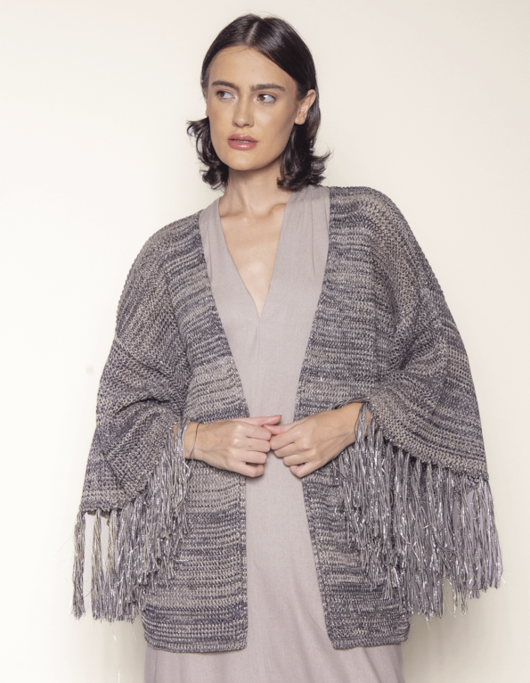 Casaco franja tricot mesclado Cinza medio