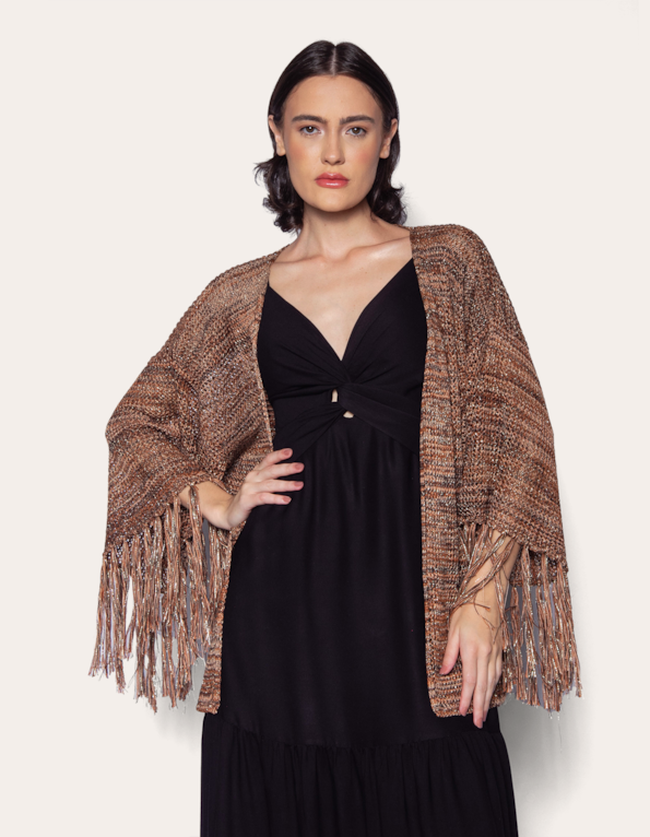 Casaco franja tricot mesclado Marrom