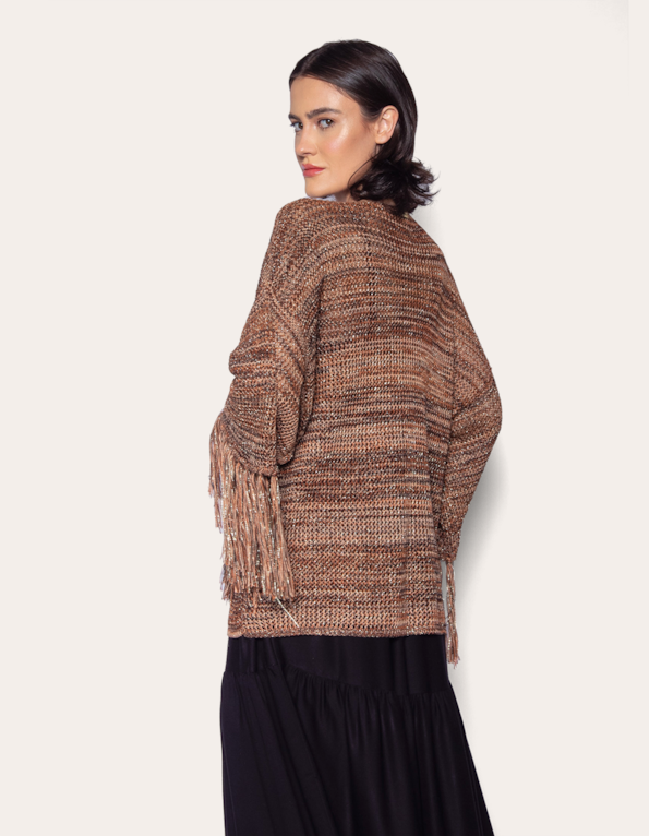 Casaco franja tricot mesclado Marrom