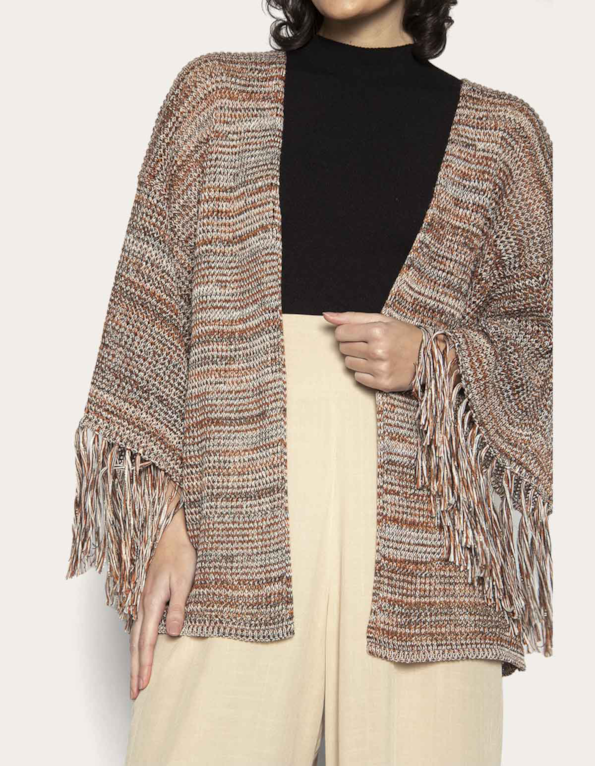 Casaco franja tricot mesclado Marrom/preto