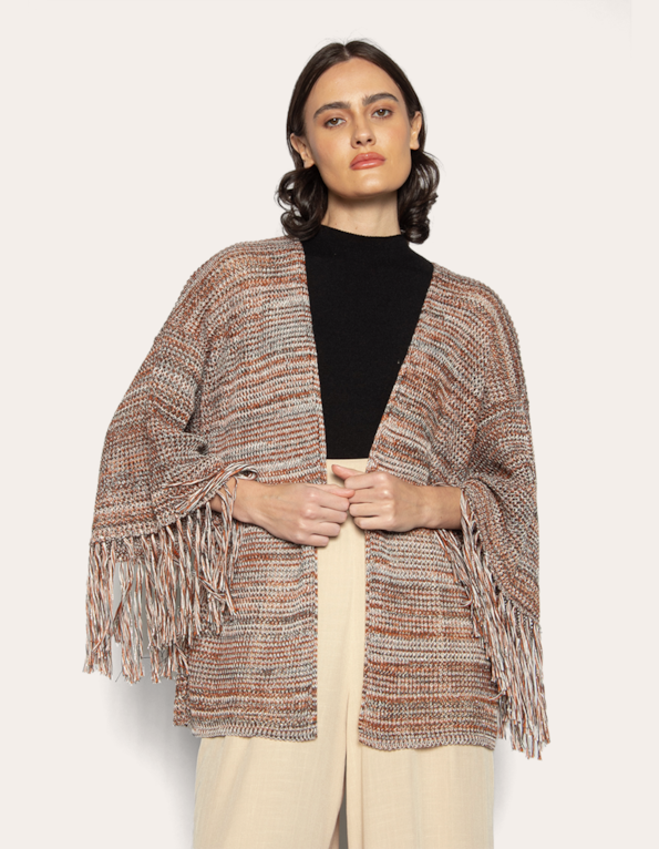 Casaco franja tricot mesclado Marrom/preto