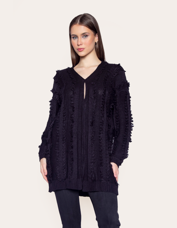 Casaco oversized tricot franja Preto