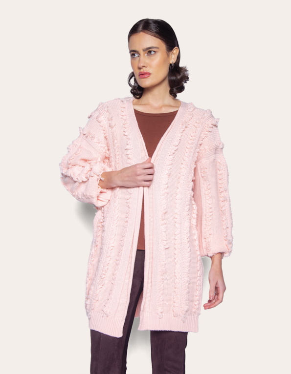 Casaco oversized tricot franja Rosa claro