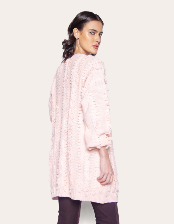 Casaco oversized tricot franja Rosa claro