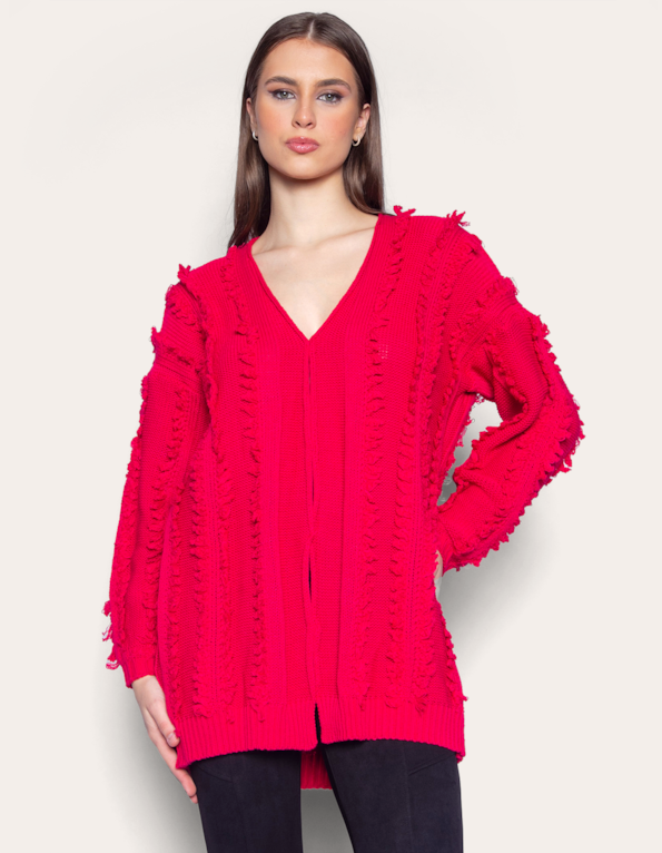 Casaco oversized tricot franja Rosa escuro