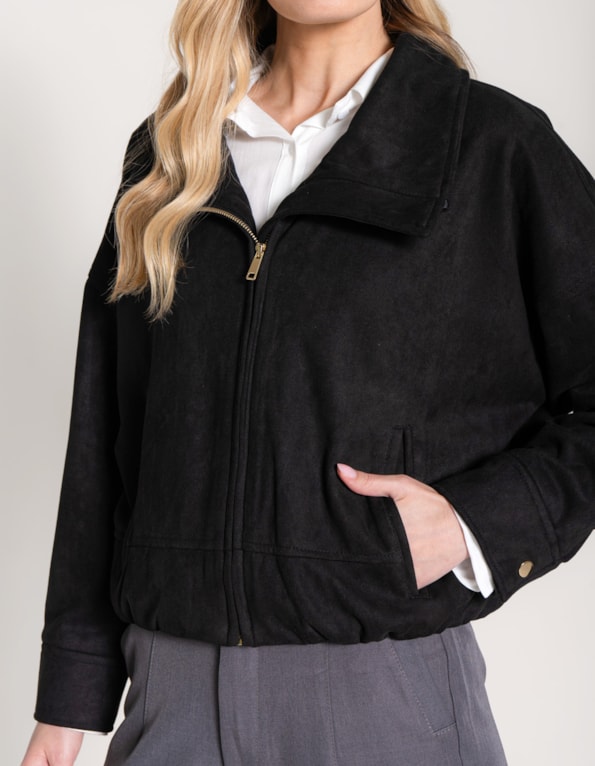 Casaco suede com zíper Preto