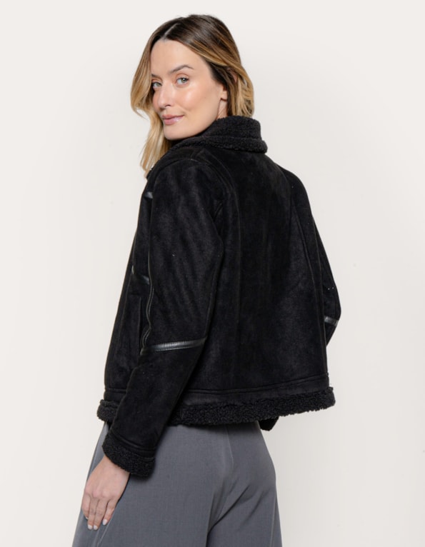 Casaco suede gola pelo Preto
