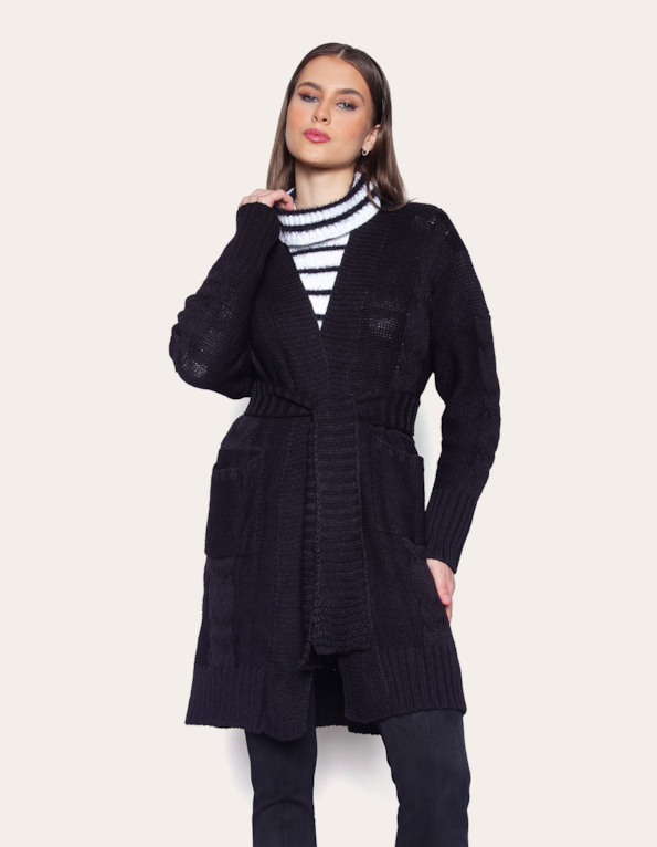 Casaco tricot com faixa Preto